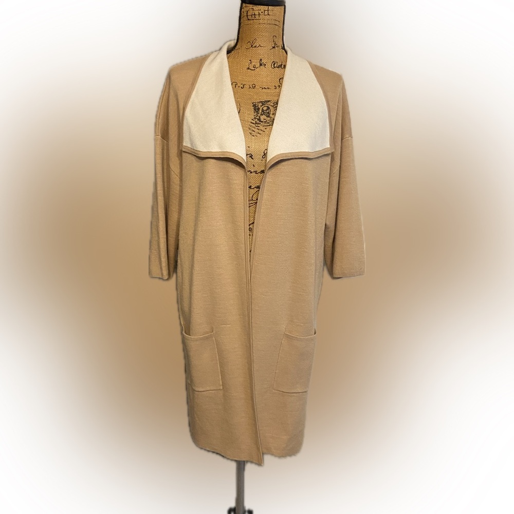Chico’s Sz 3 Tan & Cream Wool  Blend Women’s Sweater/ Coat